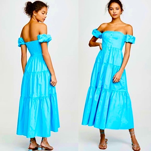 🌺🎉HP🎉🌺 NWT Staud Elio Off-The-Shoulder Midi Dress Bright Blue - Picture 5 of 16
